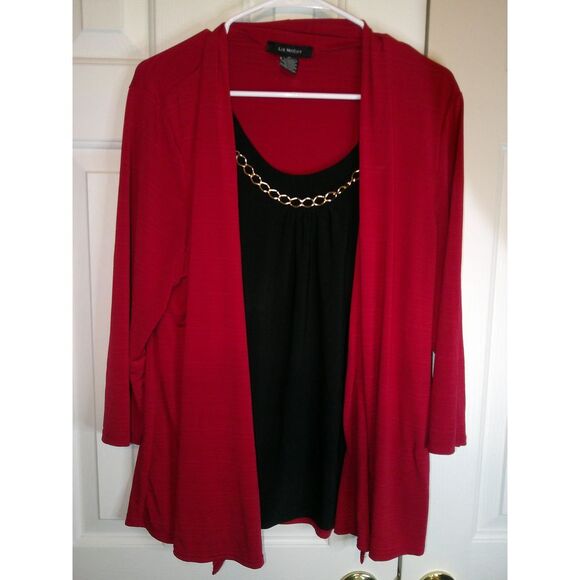 Liz McCoy Red Open Front Blouse with Black Tank Gold Chain‎ Detail Layered Look - Picture 1 of 3